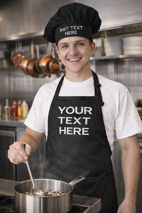 Personalized Chef Apron with Hat Set for chef Embroidered Design - Aprons for Women and Men, Kitchen Chef Apron with 2 Pockets and 40" Long Ties, Adjustable Bib Apron for Cooking, Serving - 32" x 34"