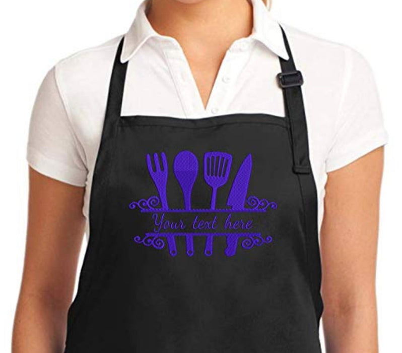 Personalized Chef Apron Embroidered Kitchen Design Aprons for Women and Men, Kitchen Chef Apron 2 Pockets and 40" Long Ties, Adjustable Bib Apron for Cooking, Serving - Black/White/Blue/Red